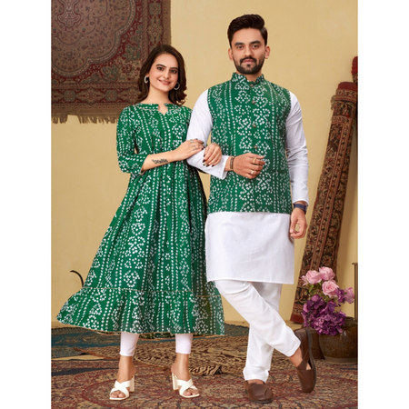 Couple Wear Same Matching Bandhni Print Men Jacket Kurta Pajama and Women Kurti mahezon