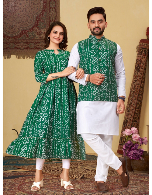 Load image into Gallery viewer, Couple Wear Same Matching Bandhni Print Men Jacket Kurta Pajama and Women Kurti mahezon
