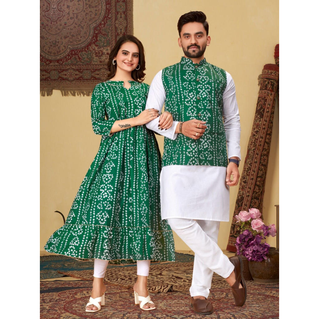 Couple Wear Same Matching Bandhni Print Men Jacket Kurta Pajama and Women Kurti mahezon