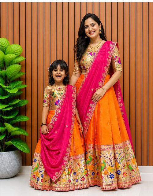 Load image into Gallery viewer, Premium Traditional Mother Daughter Matching Paithani Silk Lehenga Choli Set - Orange &amp; Pink Combo
