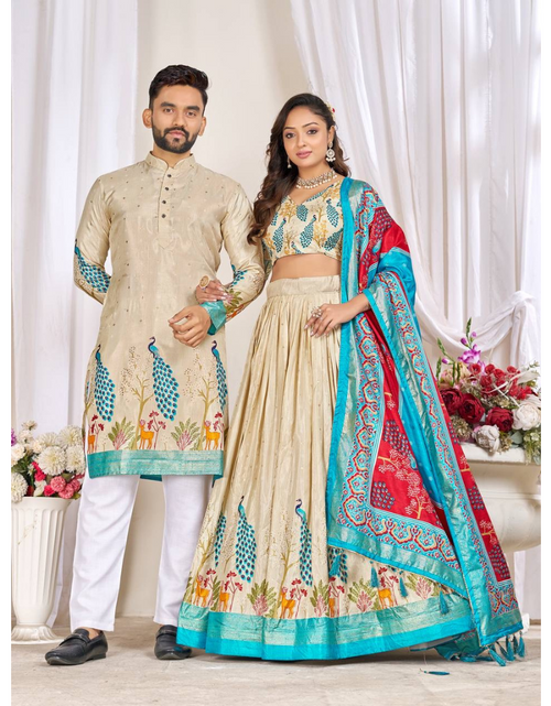 Load image into Gallery viewer, Traditional Couple Wear Same Matching Men Kurta Pajama Women Lehenga Choli Dupatta Outfits mahezon
