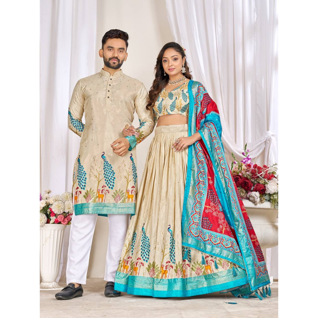 Traditional Couple Wear Same Matching Men Kurta Pajama Women Lehenga Choli Dupatta Outfits mahezon