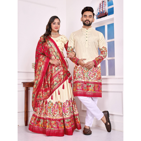 Festive Traditional Couple Wear Same Matching White Men Kurta Pajama Women Lehenga Choli Dupatta Outfit Set mahezon