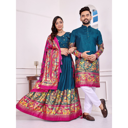 Festive Traditional Couple Wear Same Matching White Men Kurta Pajama Women Lehenga Choli Dupatta Outfit Set mahezon
