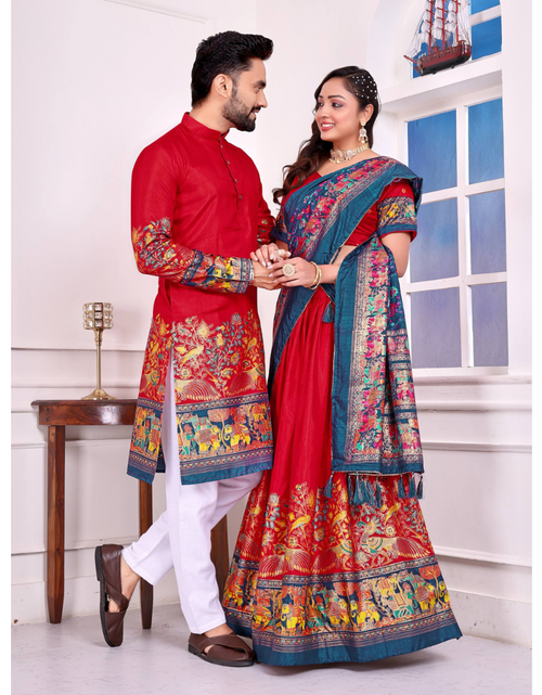 Load image into Gallery viewer, Festive Traditional Couple Wear Same Matching White Men Kurta Pajama Women Lehenga Choli Dupatta Outfit Set mahezon
