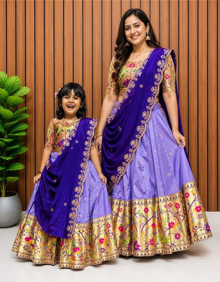Premium Traditional Mother Daughter Matching Paithani Silk Lehenga Choli Set - Lavender & Royal Blue Combo
