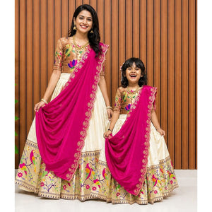 Premium Traditional Mother Daughter Matching Paithani Silk Lehenga Choli Set - Cream & Pink Combo
