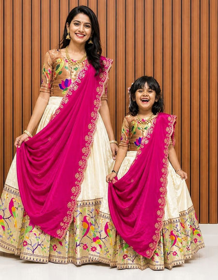 Premium Traditional Mother Daughter Matching Paithani Silk Lehenga Choli Set - Cream & Pink Combo