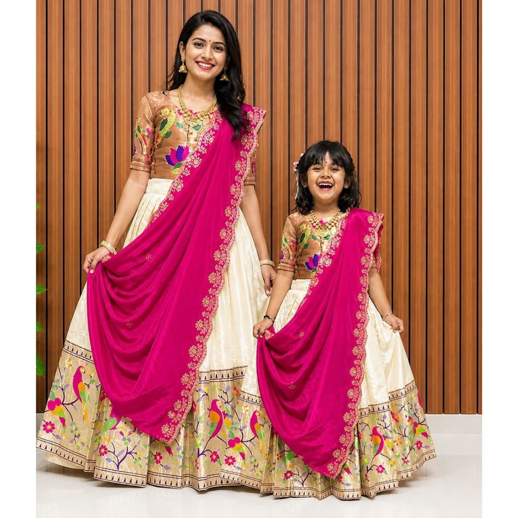 Premium Traditional Mother Daughter Matching Paithani Silk Lehenga Choli Set - Cream & Pink Combo