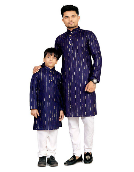 Father Son Traditional Indian Same Matching Kurta Pajama outfits Navy Blue - mahezon