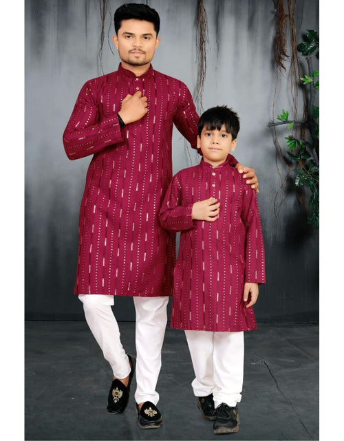 Load image into Gallery viewer, Father and Son Matching Festive Kurta Set Combo – Men &amp; Boys Wine/Maroon Foil Striped Kurta with White Pyjama
