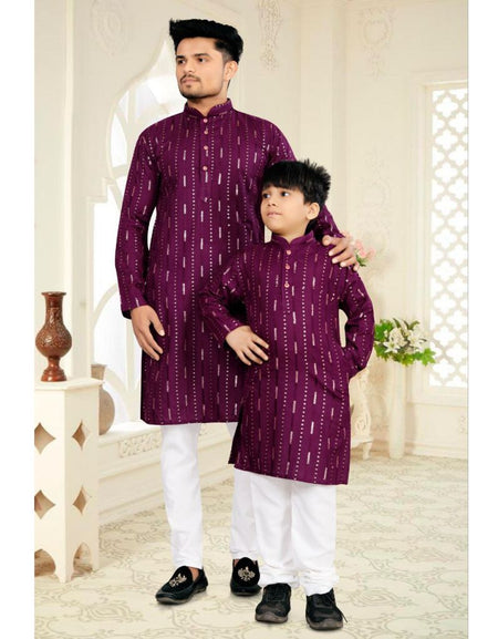 Father and Son Matching Festive Kurta Set Combo – Men & Boys Deep Purple Foil Striped Kurta with White Pyjama
