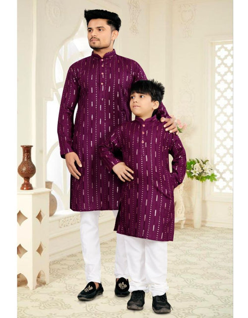Load image into Gallery viewer, Father and Son Matching Festive Kurta Set Combo – Men &amp; Boys Deep Purple Foil Striped Kurta with White Pyjama
