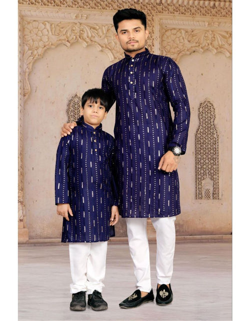 Load image into Gallery viewer, Father and Son Matching Festive Kurta Set Combo – Men &amp; Boys Navy Blue Foil Striped Kurta with White Pyjama
