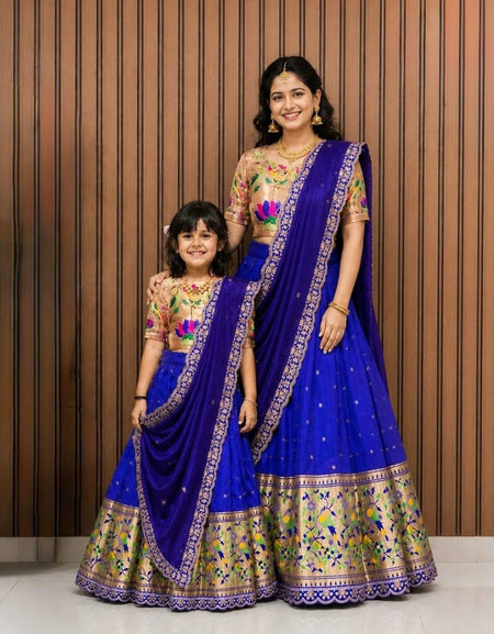 Premium Traditional Mother Daughter Matching Paithani Silk Lehenga Choli Set - Royal Blue Combo