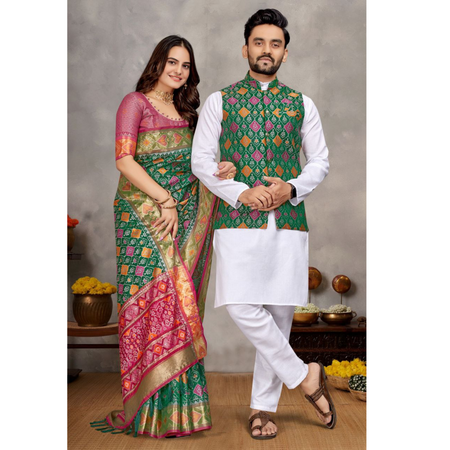 Couple wear Traditional Indian Dark Green Men Kurta Pajama Koti and Women Saree mahezon