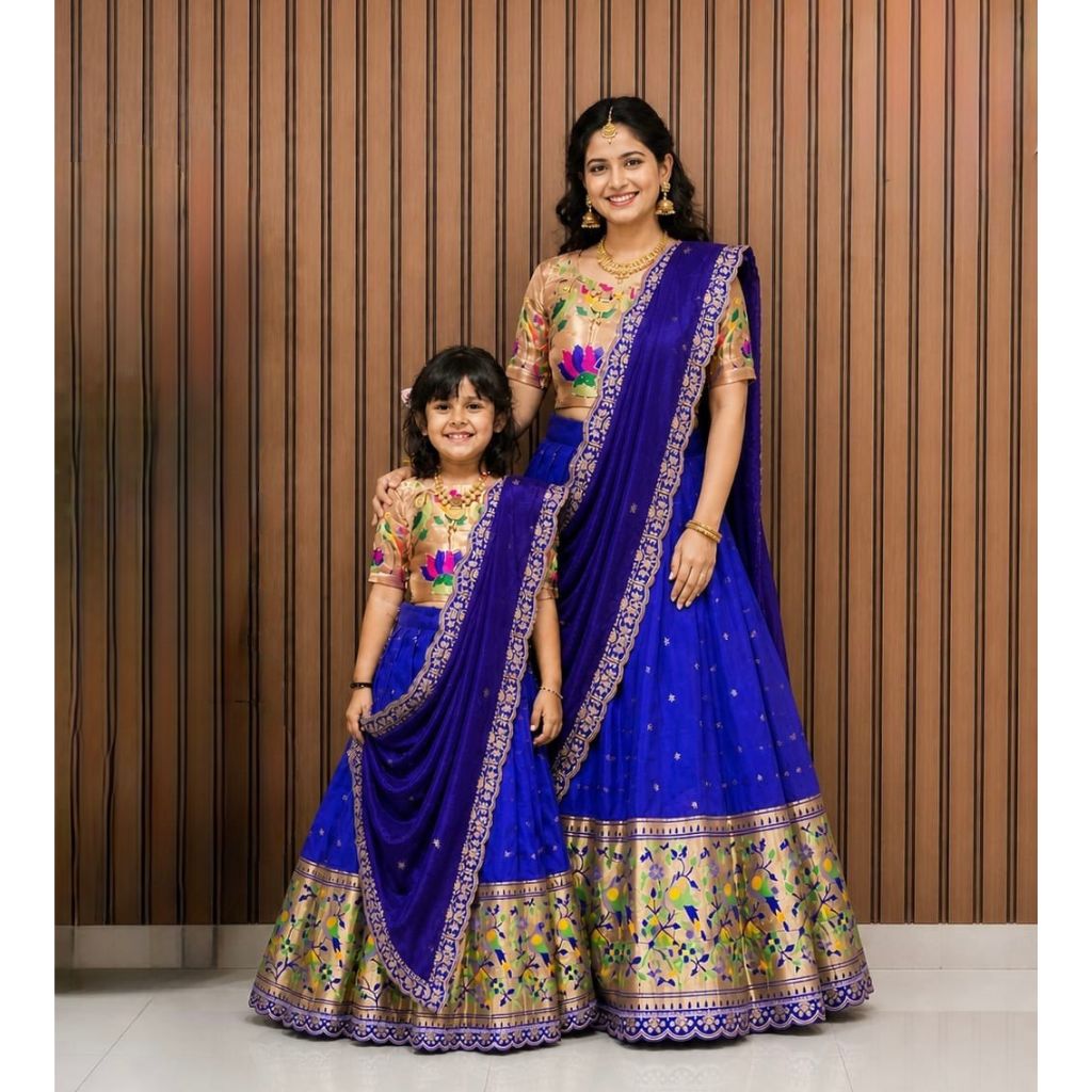 Premium Traditional Mother Daughter Matching Paithani Silk Lehenga Choli Set - Royal Blue Combo