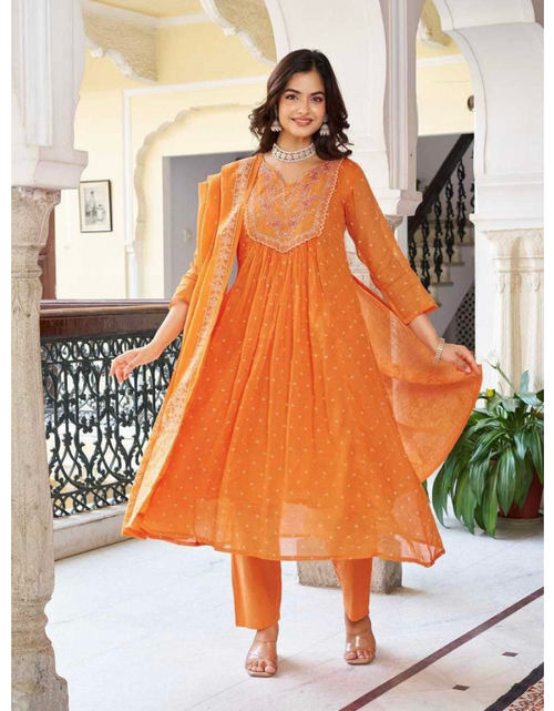 Load image into Gallery viewer, Festive Anarkali Cotton Women’s Kurta Pant Set with Dupatta mahezon
