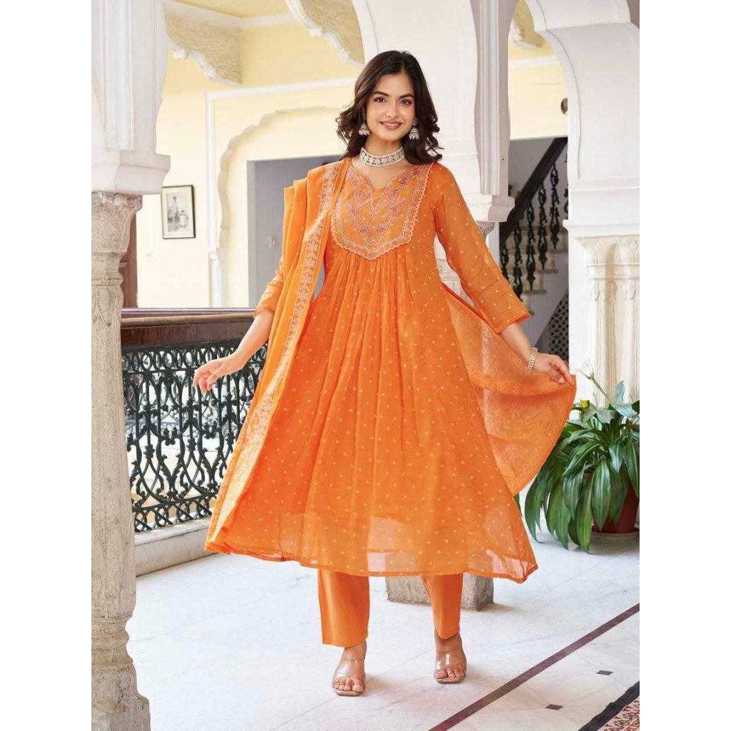 Festive Anarkali Cotton Women’s Kurta Pant Set with Dupatta mahezon