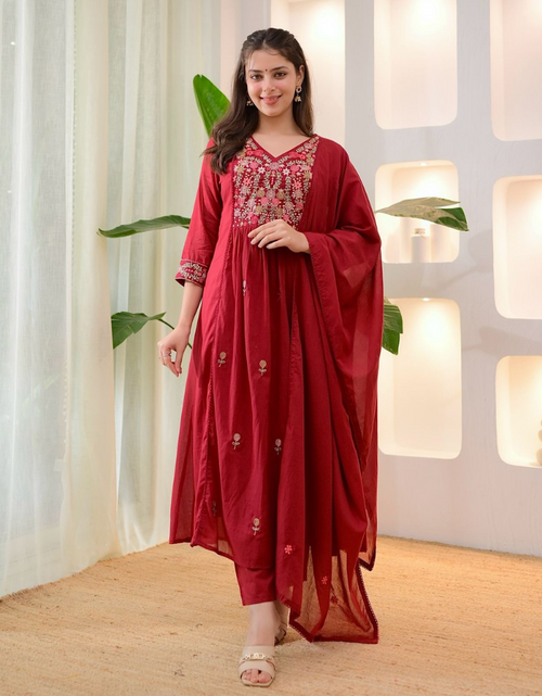 Load image into Gallery viewer, Festive Cotton Women’s Kurta Pant Set with Dupatta mahezon

