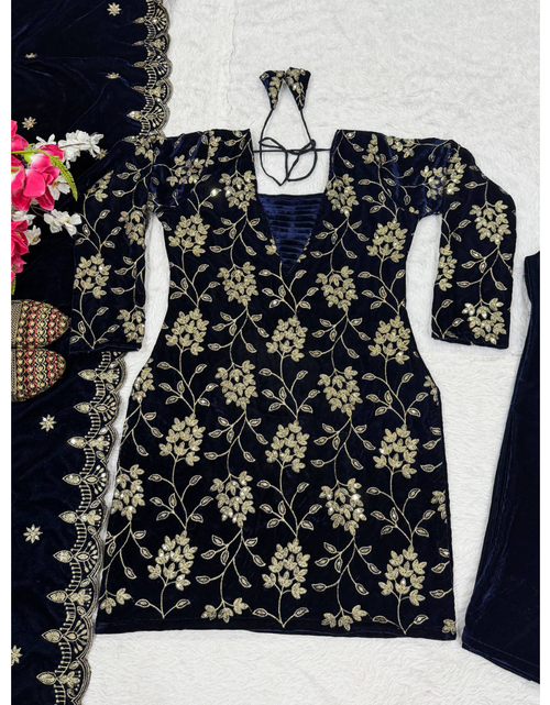 Load image into Gallery viewer, Designer Velvet Women Kurta Bottom Dupatta Suit Royal Export
