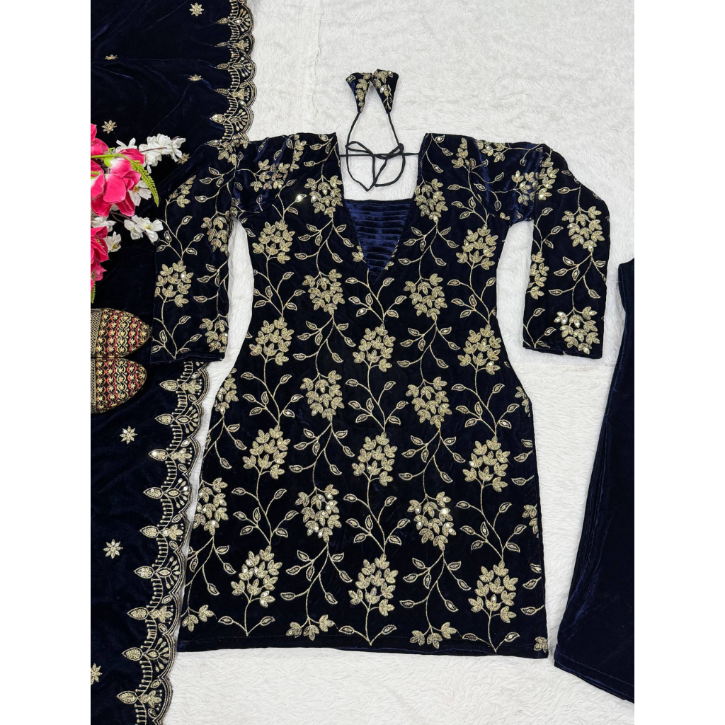 Designer Velvet Women Kurta Bottom Dupatta Suit Royal Export