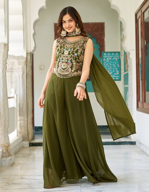 Load image into Gallery viewer, Festive Mehendi Green Women’s Top Palazzo Dupatta mahezon
