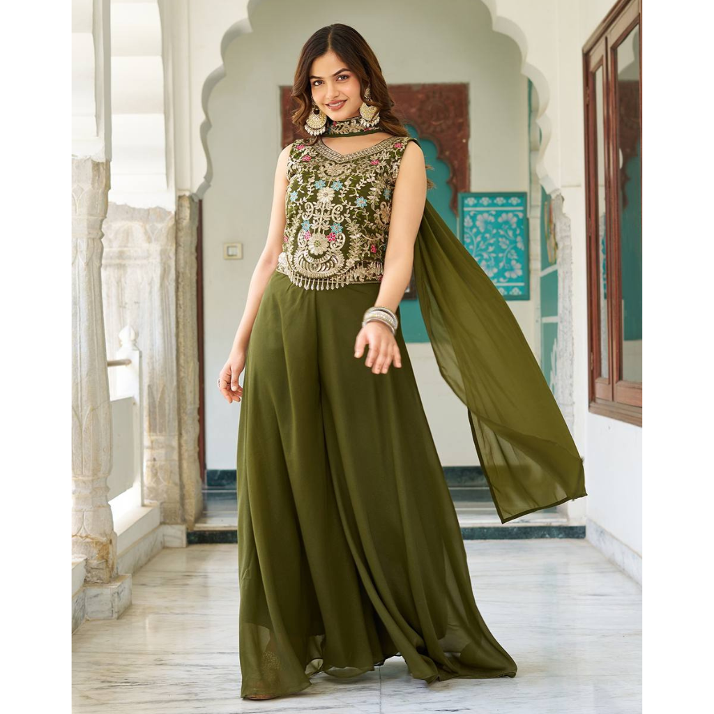 Festive Mehendi Green Women’s Top Palazzo Dupatta mahezon