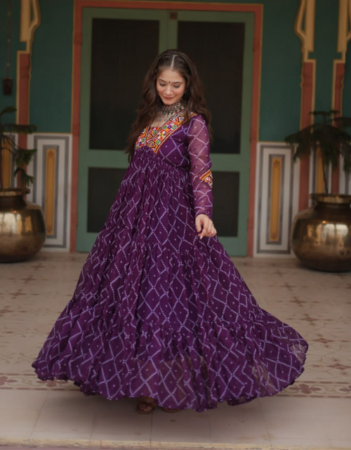 Load image into Gallery viewer, Navratri Traditional Women Purple Bandhani Print Gown mahezon
