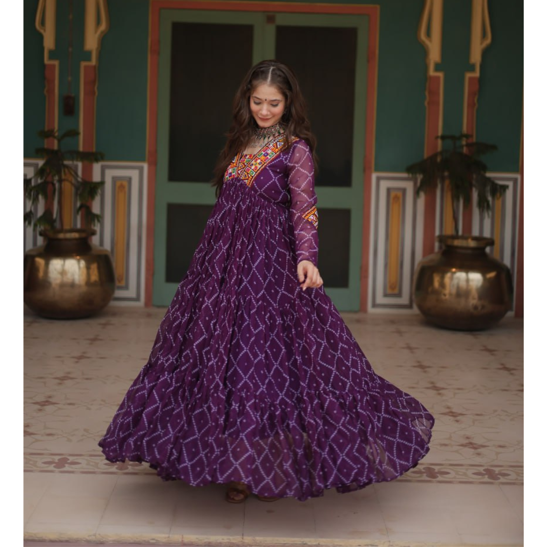 Navratri Traditional Women Purple Bandhani Print Gown mahezon