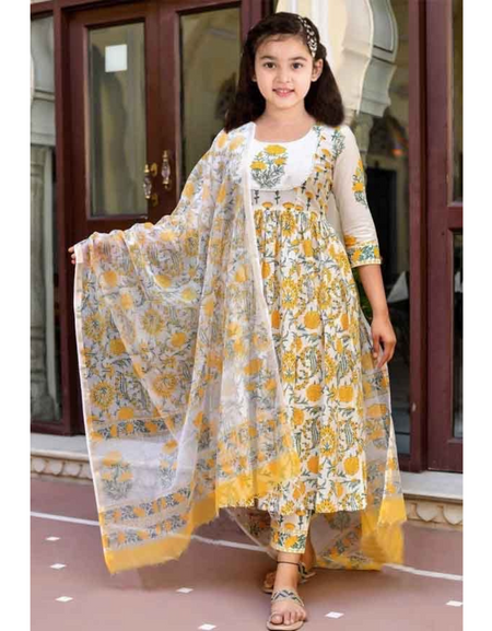 Yellow Kids Girls Cotton Kurti Pant Dupatta Set mahezon