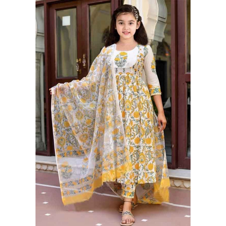 Yellow Kids Girls Cotton Kurti Pant Dupatta Set mahezon