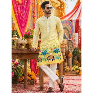 Ethnic Traditional Yellow Men Kurta Pajama with Crochet Sequence work and Digital Print mahezon