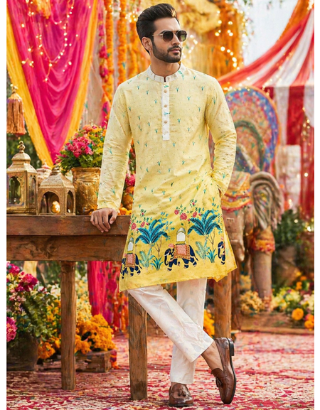 Ethnic Traditional Yellow Men Kurta Pajama with Crochet Sequence work and Digital Print mahezon