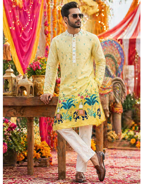 Load image into Gallery viewer, Ethnic Traditional Yellow Men Kurta Pajama with Crochet Sequence work and Digital Print mahezon
