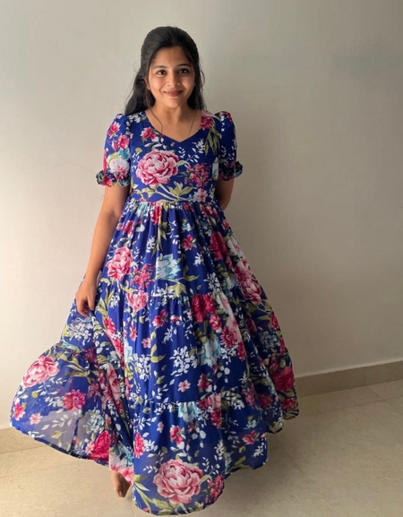 Blue Floral Georgette Midi Maxi Dress mahezon