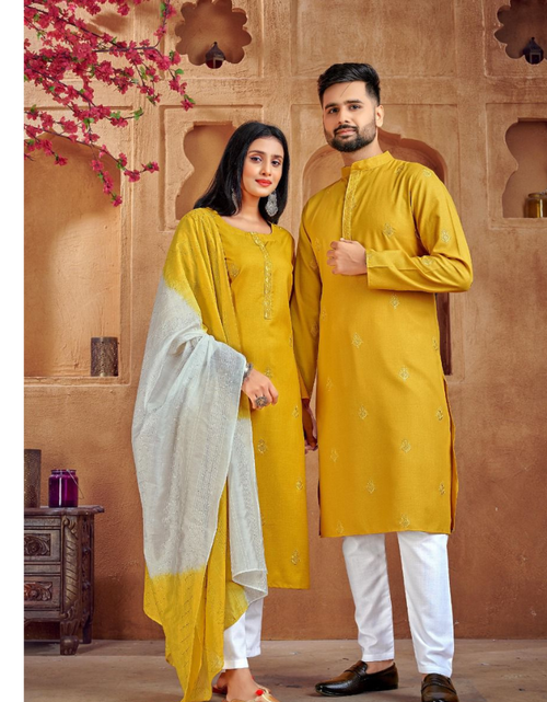 Load image into Gallery viewer, Beautiful Traditional Couple wear Same Matching Yellow Cotton Men Kurta Pajama and Women Kurta Pant Dupatta mahezon
