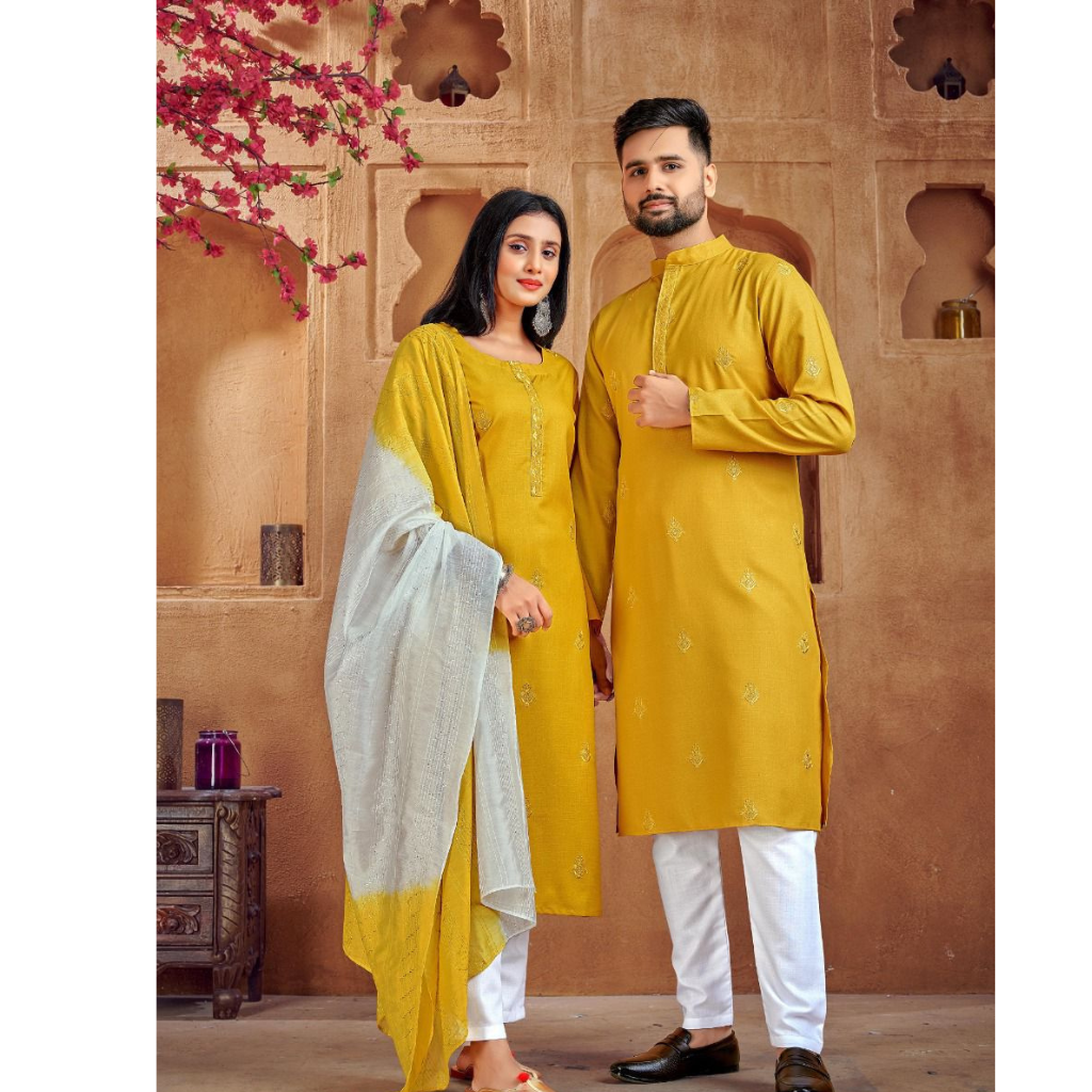 Beautiful Traditional Couple wear Same Matching Yellow Cotton Men Kurta Pajama and Women Kurta Pant Dupatta mahezon