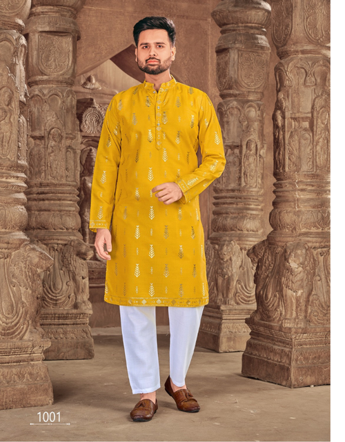 Load image into Gallery viewer, Men&#39;s Yellow Cotton Kurta with Foil Print and Pajama mahezon
