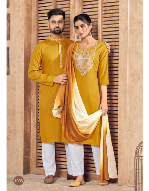 Load image into Gallery viewer, Beautiful Couple wear Collection  Yellow Men Kurta Pajama and Women Kurti Pant Dupatta set mahezon
