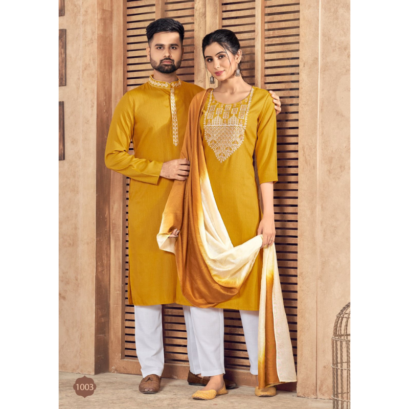 Beautiful Couple wear Collection  Yellow Men Kurta Pajama and Women Kurti Pant Dupatta set mahezon