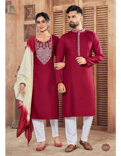 Load image into Gallery viewer, Beautiful Couple wear Collection Red Men Kurta Pajama and Women Kurti Pant Dupatta set mahezon
