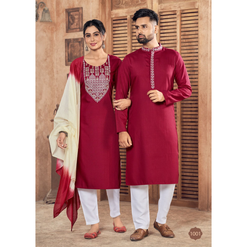 Beautiful Couple wear Collection Red Men Kurta Pajama and Women Kurti Pant Dupatta set mahezon