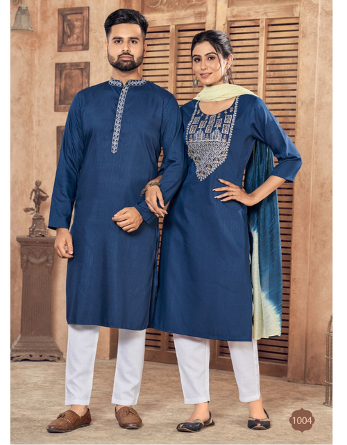 Load image into Gallery viewer, Beautiful Couple wear Collection Blue Men Kurta Pajama and Women Kurti Pant Dupatta set mahezon
