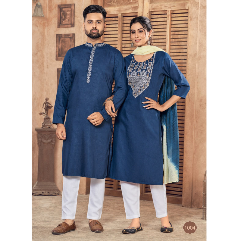 Beautiful Couple wear Collection Blue Men Kurta Pajama and Women Kurti Pant Dupatta set mahezon