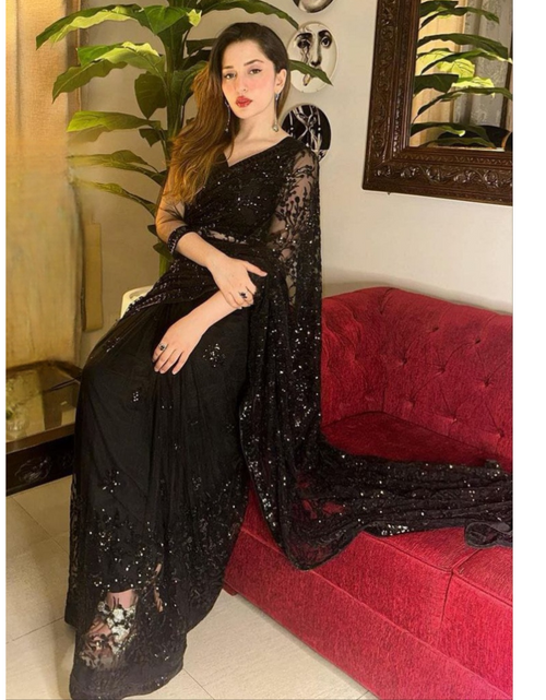 Load image into Gallery viewer, Beautiful Women Black Bollywood Sequence Saree  mahezon
