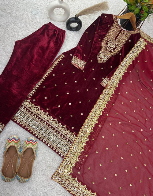 Load image into Gallery viewer, Designer Velvet Ethnic Embroidery Women Top Pant Dupatta Suit 
