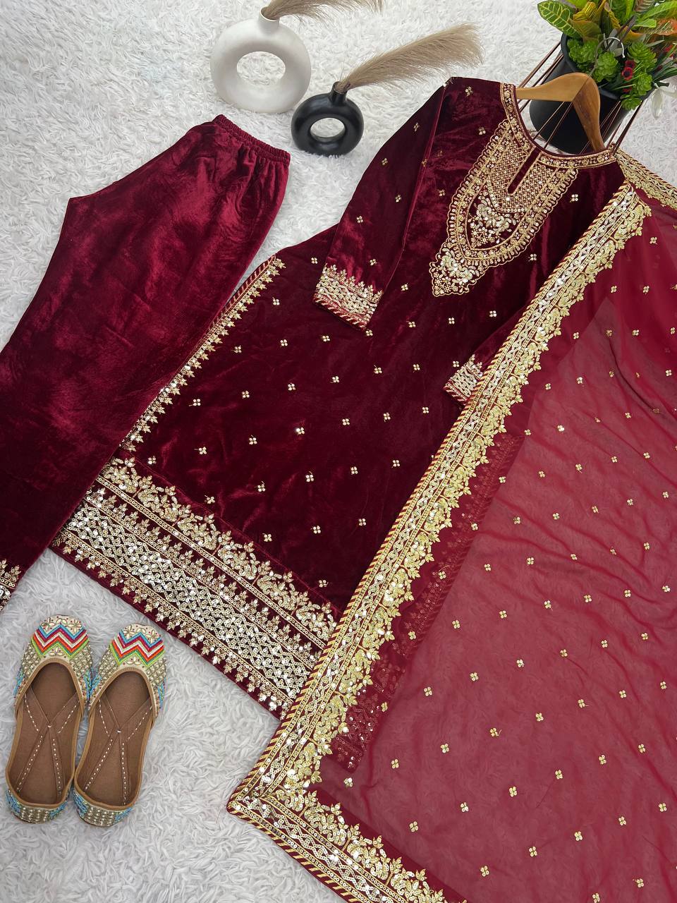 Designer Velvet Ethnic Embroidery Women Top Pant Dupatta Suit 