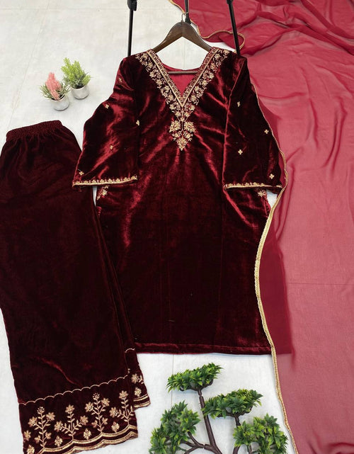 Load image into Gallery viewer, Designer Velvet Wedding Embroidery Women Top Pant Dupatta Suit Mahezon
