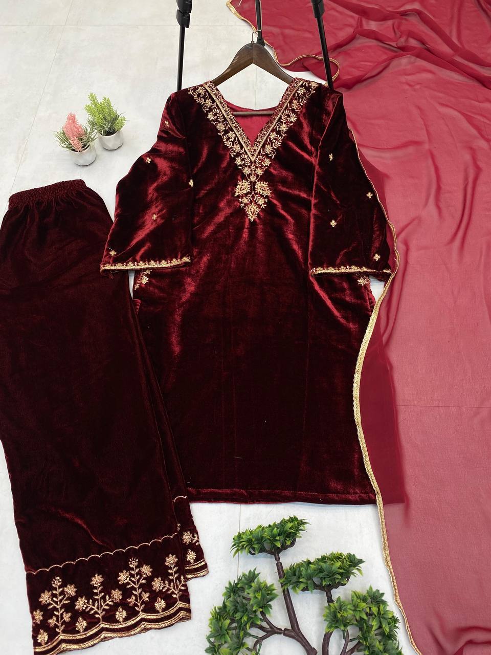 Designer Velvet Wedding Embroidery Women Top Pant Dupatta Suit Mahezon